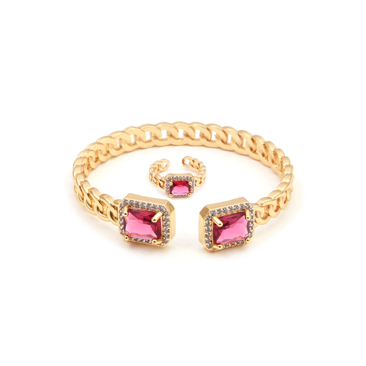 Sansi Mayo Pink Stone Radiant Golden Bangles & Ring Set