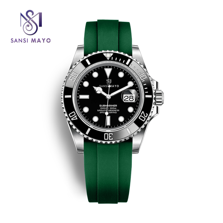 Sansi Mayo Round Analog Wrist Watch for Men – Black Dial, Green Silicone Strap